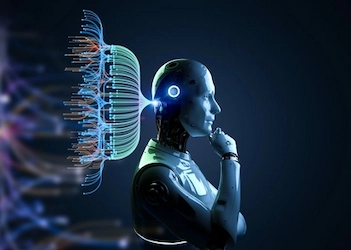 Ein Roboter, aus dessen Kopf ein neuronales Netz kommt