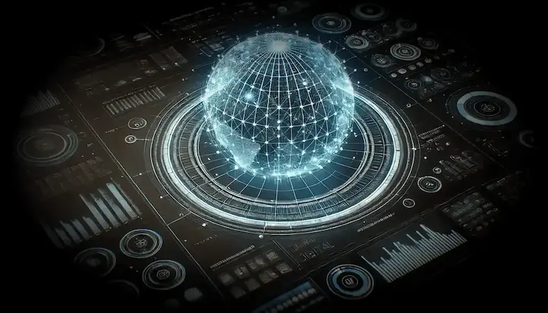 Ein globusförmiges Netzwerk über einem Dashboard mit Balkendiagrammen und Kontrollelementen